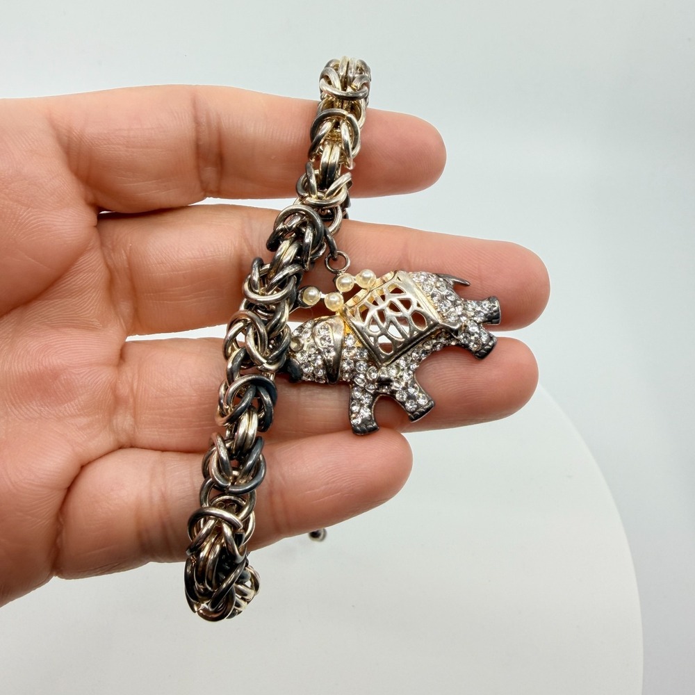 Crystal Elephant Pendant Bracelet - Silver Tone Boho Layering Gift